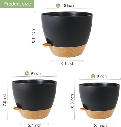 10/9/8 inch Medium Self Watering Pots, Planter, Plant Pots with Mesh Drainage Holes for Indoor Outdoor Garden Plants, Plastic Flower Pots with Removable Deep Reservoir, Black with Brown