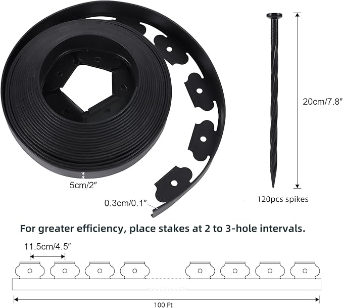 No Dig Durable Garden Landscape Edging Kit, 2" Tall Black Plastic Lawn Border for Landscaping, Flower Gardens, Lawn (100FT+ 120pcs Anchoring Spikes, Black)