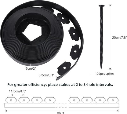 No Dig Durable Garden Landscape Edging Kit, 2" Tall Black Plastic Lawn Border for Landscaping, Flower Gardens, Lawn (100FT+ 120pcs Anchoring Spikes, Black)