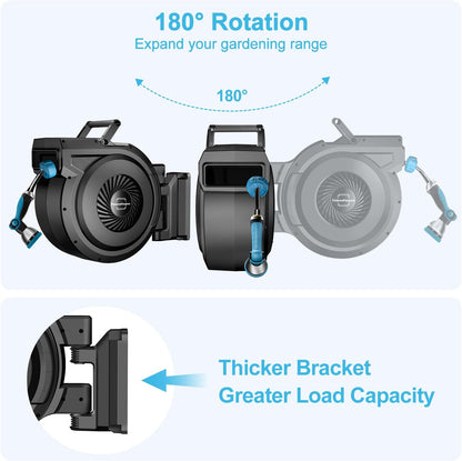 Retractable Garden Hose Reel - 5/8 inch x 70 ft Wall Mounted Hose Reel with 10 Pattern Nozzle & Any Length Lock, Heavy Duty Water Hose Supports Automatic Rewind & 180° Swivel, Black