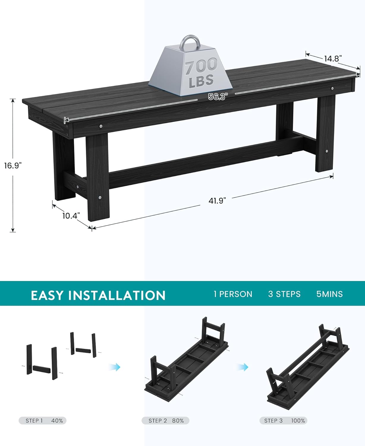 SERWALL Patio Dining Table and Bench Set for 6, Black
