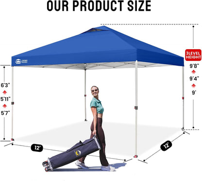 CROWN SHADES 12x12 Pop Up Canopy Outside Canopy, Patented One Push Tent Canopy with Wheeled Carry Bag, Bonus 8 Stakes and 4 Ropes, Blue