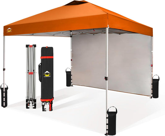 CROWN SHADES 10x10 Pop Up Canopy with 1 Side Wall - Beach Tent with One Push Setup - Outdoor Sun Shade for Events, Parties, Camping - Gazebo with STO-N-Go Cover Bag (Orange)