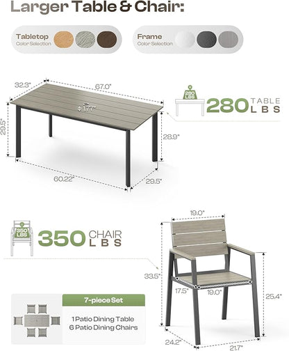 Outdoor Dining Set for 6, Patio Table and Chairs Set with Umbrella Hole, 7 Pieces HDPS Outdoor Furniture Sets for Patio, Garden, Backyard (Gray)