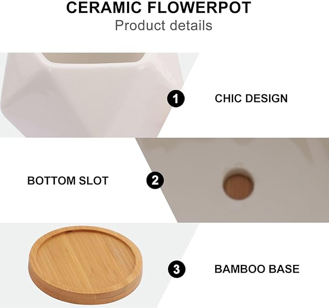 3 Sets Ceramic Succulent Flowerpot with Tray Geometric Bonsai Planter Pots for Indoor Succulents Seedling Pots with Air Permeability Cute Home Garden Decor