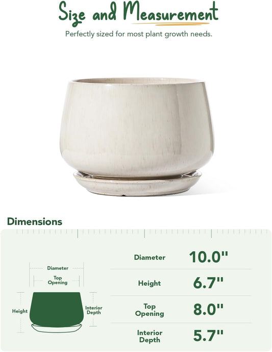 LE TAUCI Ceramic Planter, 10 Inch Plant Pot with Drainage Hole & Saucer – Durable Indoor Planter for Modern Home Decor, Reactive Glaze Beige