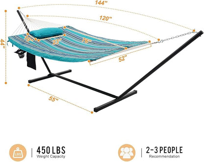 Lazy Daze Hammocks Double Outdoor Hammock with 12 ft Steel Stand, 2 Person Cotton Rope Hammock with Quilted Pad and Detachable Pillow, Spreader Bars, Mag Bag & Cup Holder, Blue Ocean Stripe