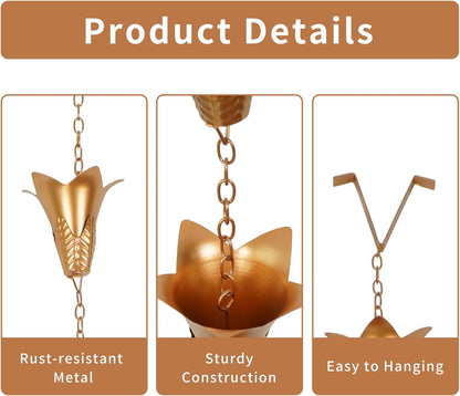 Topadorn Rain Chain Iron Gutter Chains with 12 Rain Collector Thick Iron Flower Cups Garden Decoration, 8.5 FT Rain Chain for Outdoor Ornament, Replacement for Downspout