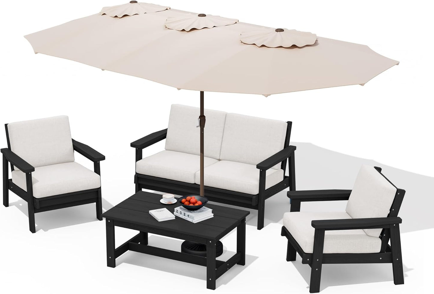 SERWALL HDPE Patio Furniture Set with 15FT Double Side Patio Umbrella, All Weather Wood-Like Outdoor Sofa Sectional Couch, Black Patio Furniture with Khaki Cushions