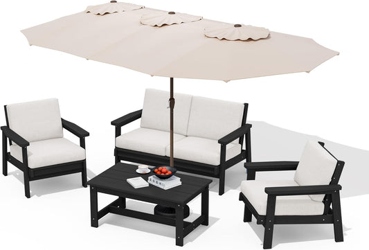 SERWALL HDPE Patio Furniture Set with 15FT Double Side Patio Umbrella, All Weather Wood-Like Outdoor Sofa Sectional Couch, Black Patio Furniture with Khaki Cushions