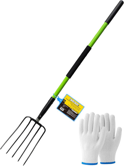 Pitch Fork-57 Inch，5-Tine Steel Garden Fork Heavy Duty, Mulch with Cushion Grip, Green Fiberglass Handle