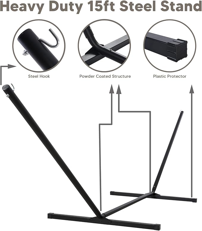 SUNCREAT Double Outdoor Hammock with 15 ft Stand, Standing Patio Hammocks for Outside, Beige