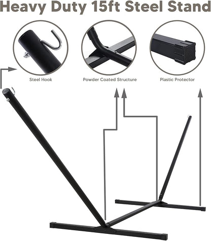 SUNCREAT Double Outdoor Hammock with 15 ft Stand, Standing Patio Hammocks for Outside, Beige