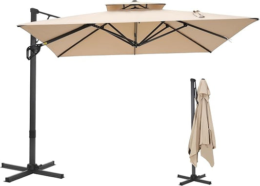 Sophia & William Cantilever Patio Umbrella 12ft, Offset Large Outdoor Umbrellas with 360°Rotation, Heavy Duty Hydraulic Double Umbrella for Garden Pool Backyard, Beige (no base)