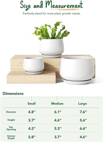 LE TAUCI Ceramic Plant Pots, 4.1+5.1+6.5 inch, Set of 3, Planters with Drainage Hole and Saucer, Indoor Flower Pot with Hole Mesh Pad, Gifts for Mom, White