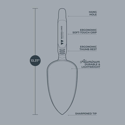 Woodland Tools Heavy Duty Garden Trowel – Full Tang Aluminum Construction, Extra Wide Scoop, Sharpened Point, Ergonomic Cushioned Grip, Rust Resistant Hand Tool for Digging in Clay and Tough Soil