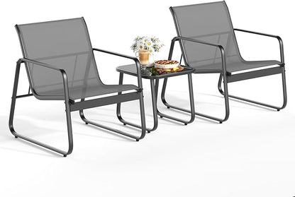 Gizoon Patio Chairs Set of 2, 3 Piece Patio Furniture Set, Bistro Sets,with Textilene Fabric, Metal Frame Coffee Table, Outdoor Chairs Set, for Balcony, Backyard,Lawn, Garden, Poolside, Grey