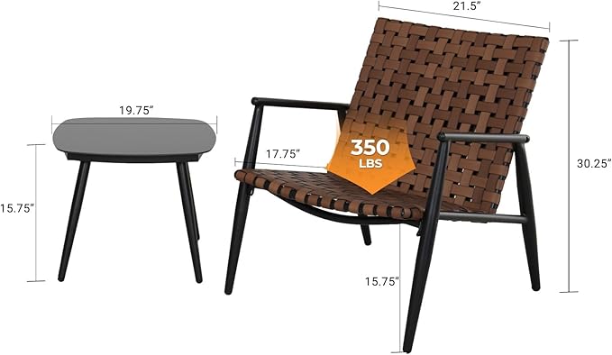Grand patio Outdoor Bistro Set 3 Pieces Leather-Look Wicker Patio Chairs Set Powder Coated Aluminum Frame with Outdoor Chairs Set of 2 and Side Table for Garden Backyard Balcony Brown