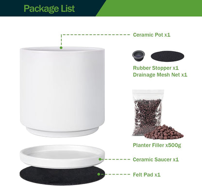 Kazeila Plant Pots Ceramic Planter for Indoor Outdoor Plants Flowers 10 Inch Matte White Large Cylinder Flower Pot with Saucer and Drainage Hole,Glazed Finish Interior and Exterior