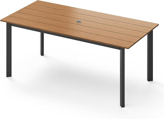 67" Rectangle HDPS Patio Dining Table, Aluminum Outdoor Patio Dining Table with Umbrella Hole, Weather-Resistant for Lawn, Garden, Yard, Poolside and Indoor Use, Gray & Teak