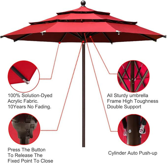 EliteShade USA 10-Year-Non-Fading 11Ft 3 Tiers Market Umbrella Patio Outdoor Cylinder Auto Push-up Table Umbrella with Ventilation, Logo Red
