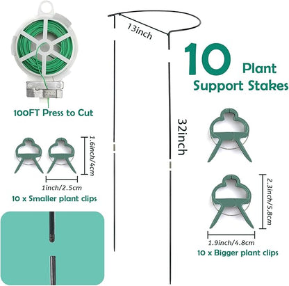 32 inch Plant Support Stakes, 10 Pack Half Round Metal Garden Plant Stake Heavy-Duty Plant Support Ring and Cage with Plant Clip & Twist Tie for Indoor and Outdoor Plants, Vegetable, Flowers