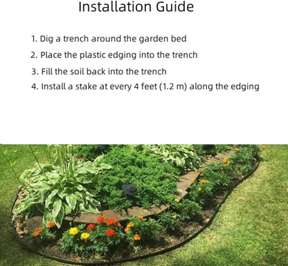 Black Plastic Garden Landscape Edging, 5” Tall Border Coil, Flexible and Strengthened with Anti-UV Treatment (20ft with 6pcs Stakes)