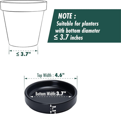 D'vine Dev Modern Round 3.7 Inch Ceramic Plant Pot Saucer, Planter Pot Drainage Tray for Indoor Plants, Set of 4, Matte Black, 97-T-B-11