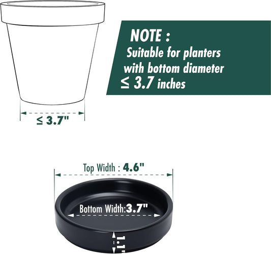 D'vine Dev Modern Round 3.7 Inch Ceramic Plant Pot Saucer, Planter Pot Drainage Tray for Indoor Plants, Set of 4, Matte Black, 97-T-B-11
