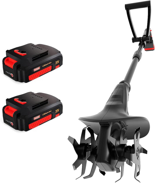 MZK 20V Cordless Tiller Cultivator with Steel Tines,8-inch Wide Battery Powered Garden Cultivator, 360RPM Electric Tiller for Lawn/Gardening/Soil Cultivation(2 * 2AH Battery&Charger Included),TC08D01