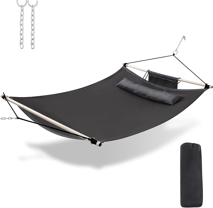 TegerDeger Anti-flip 12FT Hammock Large Hammock 450LB Capacity with Iron Spreader Bar & Nylon Rope for Outside, Patio, Garden, Backyard, Beach - Gray