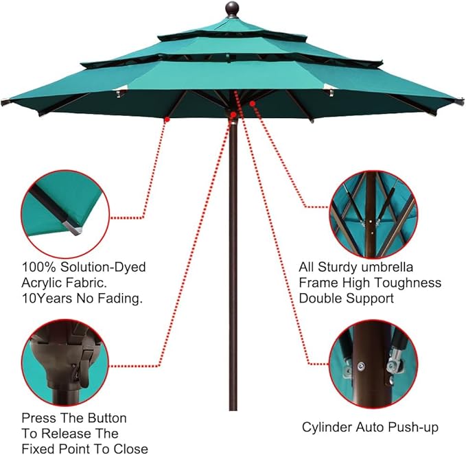 EliteShade USA 10-Year-Non-Fading 11Ft 3 Tiers Market Umbrella Patio Outdoor Cylinder Auto Push-up Table Umbrella with Ventilation, Teal