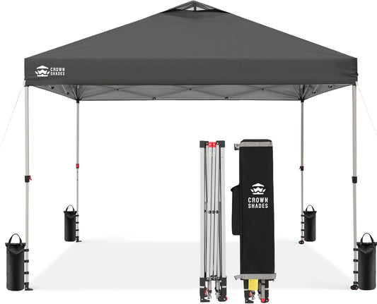 CROWN SHADES 12x12 Pop Up Canopy - Beach Tent with One Push Setup - Easy Outdoor Sun Shade Shelter for Events, Parties - Gazebo with STO-N-Go Cover Bag, Silver Coated Top, Grid Grey