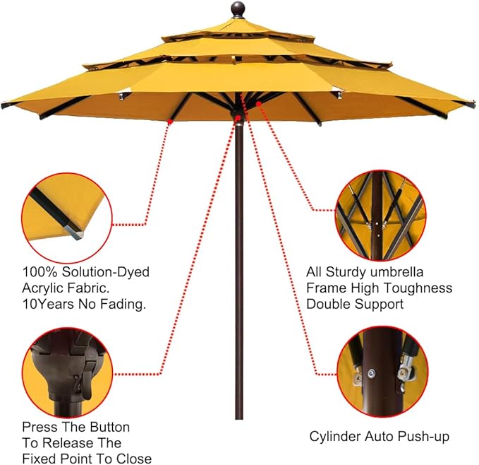 EliteShade USA 10-Year-Non-Fading 11Ft 3 Tiers Market Umbrella Patio Outdoor Cylinder Auto Push-up Table Umbrella with Ventilation, Sunflower Yellow