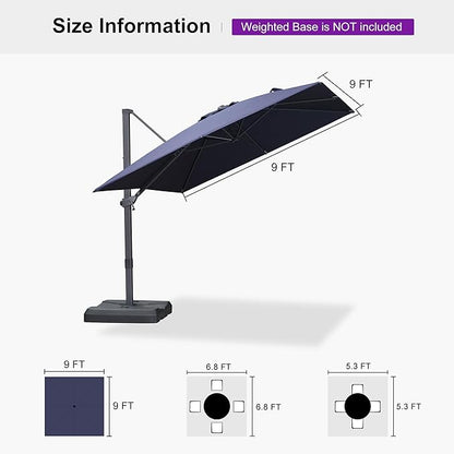 PURPLE LEAF 9' × 9' Patio Cantilever Umbrella Outdoor Square Adjustable Offset Umbrellas with 360-degree Rotation and 8 Heavy Duty Metal Ribs for Garden Deck Pool Navy Blue
