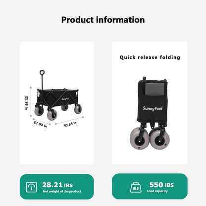 SUNNYFEEL 41''L 550lbs Heavy Duty Beach Wagon with 9" Balloon Tires, 200L Fold Up Wagon Cart Foldable with Side Pocket and Brakes for Camping Sports Garden Shopping (Black)