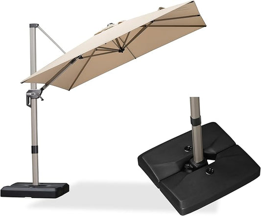 PURPLE LEAF Patio Umbrella with Base Included, 8ft Outdoor Aluminum Cantilever Umbrella with 360° Rotation, Champagne Offset Umbrella for Outdoor Garden Pool, Beige