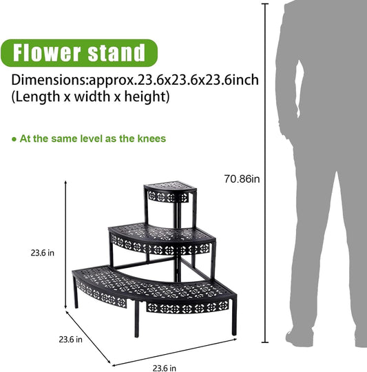 3 Tier Plant Stand Semi-Circular Flower Pot Organizer Rack Quarter Round Plant Display Holder Outdoor Storage Shelves Metal Corner Shelf Planter Shelving Ladder Plant Stand for Indoor Use(Black)