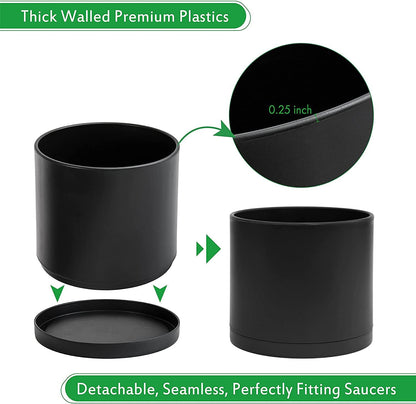 D'vine Dev 8 Inch Plastic Planter Pots for Plant Pot with Drainage Hole and Seamless Saucers, Black Color, 74-X-B-1