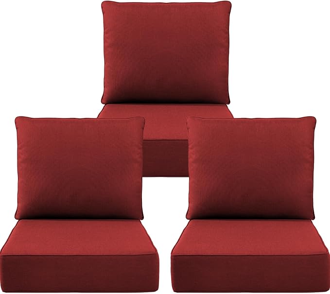Luxury 6" Outdoor Cushions for Patio Furniture, 24x24x6" Thick Seat Cushion Set of 3, Fade Resistant Couch Chair Replacement Cushions High Density Deep Wicker Chair Cushion w/ Removable Cover, Red