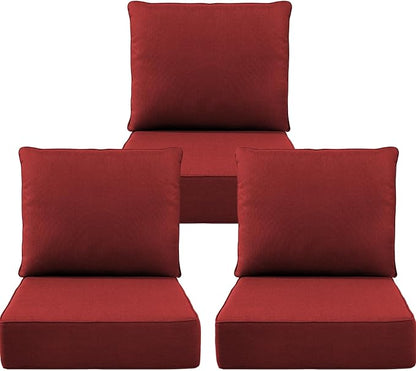 Luxury 6" Outdoor Cushions for Patio Furniture, 24x24x6" Thick Seat Cushion Set of 3, Fade Resistant Couch Chair Replacement Cushions High Density Deep Wicker Chair Cushion w/ Removable Cover, Red