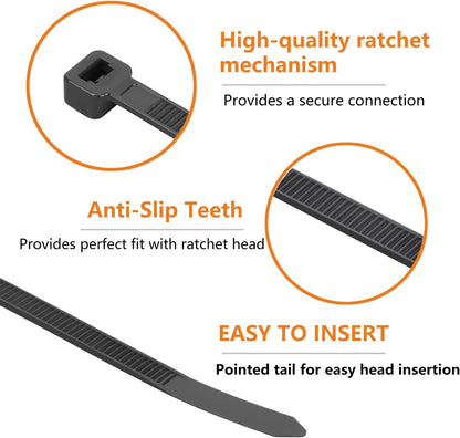 12 Inch Black Zip Ties (2000 Pack), 45 LBS Tensile Strength, Self-Locking Nylon PA66 UV Resistant Cable Ties for Indoor and Outdoor Use