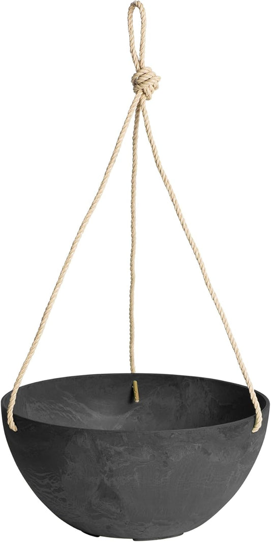 Root & Vessel Self Watering Hanging Planter for Indoor or Outdoor Plants, Unique Marbled Hanging Basket Made of Eco-Friendly Blend of Stone & Plastic, Black, 10"