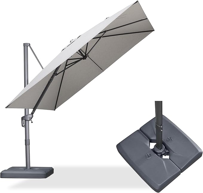 PURPLE LEAF 10 FT Outdoor Umbrella with Base Patio Cantilever Aluminum Umbrella with 3 Years Fade Resistance Recycled Fabric Offset Square with 360-degree Rotation for Deck Pool Garden, Pebble Grey