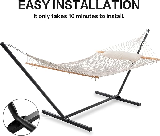 PNAEUT Double Rope Hammock with Stand Included, 12ft Heavy Duty Stand, 2 Person Traditional Cotton Rope Hammocks with Pillow for Outside Porch Patio Backyard Outdoor, Max 475lbs Capacity (Burlywood)