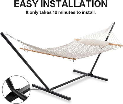 PNAEUT Double Rope Hammock with Stand Included, 12ft Heavy Duty Stand, 2 Person Traditional Cotton Rope Hammocks with Pillow for Outside Porch Patio Backyard Outdoor, Max 475lbs Capacity (Burlywood)