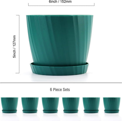 6 Inch Plant Pots Bulk, 6 Pack Plastic Planters with Drainage Holes and Saucers for Indoor Outdoor House Plants and Flowers, Green