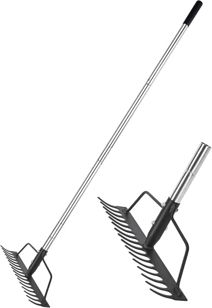 15 Inch Wide Bow Rake, 16 Steel Tines Metal Head Rake Tool with Stainless Steel Handle, Adjustable Long Handle Garden Rake for Loosening Soil Leveling Mulch Gathering Lawns Leaves