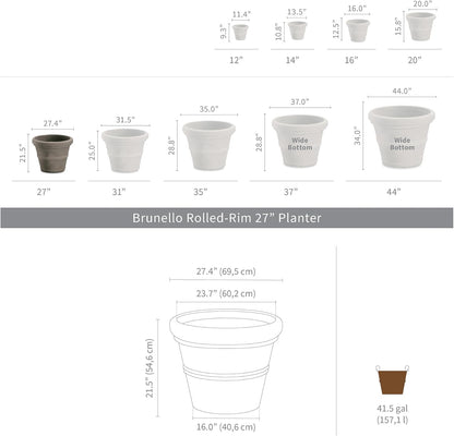 Crescent Garden Brunello Classic Rolled Rim Planter Pot, Indoor/Outdoor Plastic Round Plant Pot - Resin Large UV-Resistant Flower Pot - Frostproof, Fadeproof Pots - 27'W' (Black)