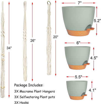 Self Watering Hanging Planters for Indoor Plants 3 Pack Macrame Plant Hangers with Drainage Holes Pots and Hooks for Home Garden Decor Green